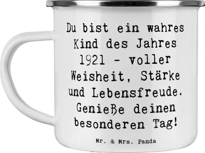 Produktbild von Mr. & Mrs. Panda emaillebecher Spruch 1921 Geburtstag Freude - Weiß - Geschenk, besondere Feier, Geburtstagsgeschenk, Kaffeepott, becher emaille, Glückwunsch, Geburtsjahr