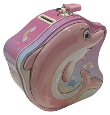 Produktbild von Metallenes Sparschwein für Kinder mit lustigen Motiven, mit Schloss und Schlüssel (Rosa Delfin)