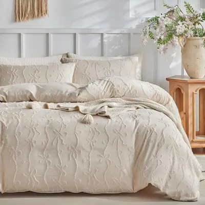 Produktbild von Bettwäsche-Set 220x240cm Beige Getuftet mit Schleifen 1 Bettbezug + 2 Kissenbezüge 80x80cm