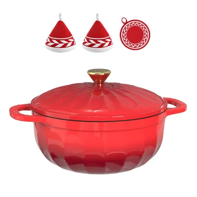 Produktbild von Gusseisentopf (4,7 l), Blütenblattförmig,inklusive Handschuhen und hitzebeständiger Unterlage, geeignet zum Backen in der Küche Rot