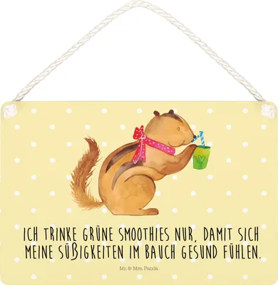 Produktbild von Mr. & Mrs. Panda Schild Eichhörnchen Smoothie DIN A5 - Gelb Pastell - Geschenk, Holzschild, wandtafel, kleine aufmerksamkeit, Green Smoothies, Abnehmen, Türschild, Diät