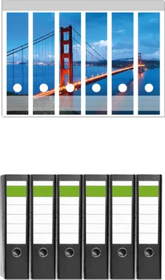Produktbild von Wallario 6 Stück breite Ordner inkl. Klebeetiketten mit Motive Golden Gate Bridge in San Francisco  USA -  Set mit Rückenschildern / Ordnerrücken Stickern