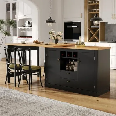 Produktbild von Ausziehbarer Bartisch mit Weinregal und verstellbaren Fächern, Höhenverstellbar (120-180 cm), Multifunktionales Sideboard für Küche oder Esstisch