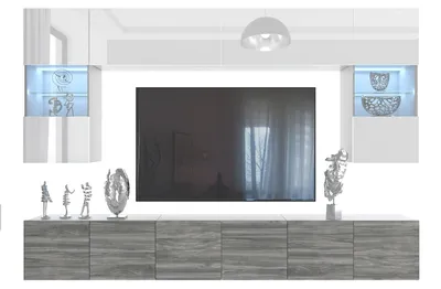 Obrázek produktu pro BELINI obývací sestava MILANO 1, 300 cm – bílá lesklá/šedá matná, moderní sestava skříněk, přídavná stěna s TV skříňkou, bezúchytkový systém
