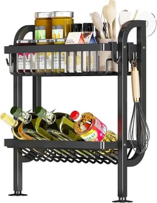 Zdjęcie produktu dla Półka na przyprawy do montażu na blacie, dwupółkowa szafka stojąca z mocowaniem ściennym i magnesami, półka kuchenna bez konieczności wiercenia, czarna