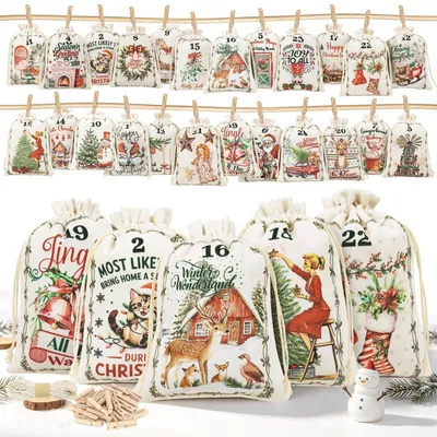 Produktbild von Adventskalender zum Befüllen 24 Säckchen Beige 15x20 cm mit Holzklammern & Schnur