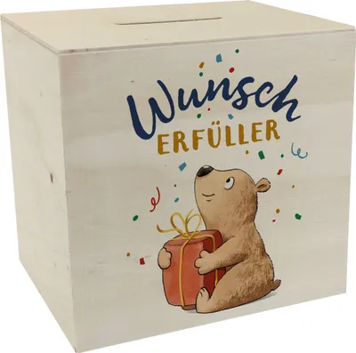 Produktbild von Bär mit Geschenk Spardose aus Holz mit Spruch Wunscherfüller