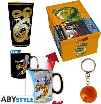 A collage of Dragon Ball Z merchandise including a glass, a gift box, a heat-changing mug, and a keychain.