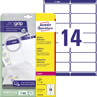 Zdjęcie produktu dla Avery L7163-40, Biały, Papier, Laser, 99.1 x 38.1mm, 40 ark., 560 szt.