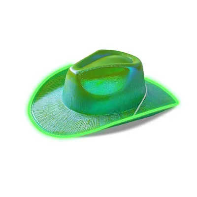 Produktbild von Cowboyhut in leuchtenden Farben, breite Krempe, Saum, winddichtes Seil, Halloween, holografisches LED-Licht, Jazzhut, modisches Accessoire, Grün