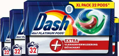 Zdjęcie produktu dla Dash Platinum 4w1 Kapsułki do Prania +Extra Środek na Plamy – 32 Prania, Skuteczne Czyszczenie Nawet w Zimnej Wodzie