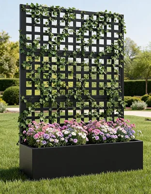 Produktbild von Pflanzkasten Mit Sichtschutz, Metall Blumenkasten Mit Spalier, Hochbeet Mit Rankgitter & Rollen & Drainageloch, Pflanzkübel Hoch 183x119x45cm Für Garten, Balkon Und Terrasse, Schwarz-A