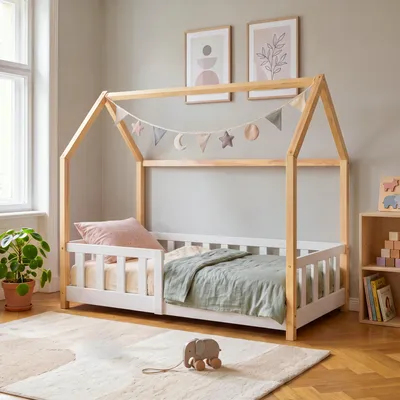 Obrázek produktu pro Dětská postel "Hesel" s ochranou proti vypadnutí, rozměry 70 x 140 cm, borovicové dřevo, bílá/přírodní barva