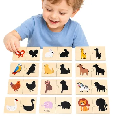 Productafbeelding van Viga Houten Puzzelset Dierenmatch Schaduwpuzzel