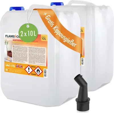 Two large plastic jerrycans of bioethanol, one in the foreground with a label and a promotional orange banner, and another behind it. A black pouring spout is visible in the foreground.