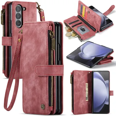 Obrázek produktu pro Kůže pouzdro pro Samsung Galaxy Z Fold 5,PolyuretanKožené Pouzdro na Zip, Magnetické Uzavírání, Kapsa na Karty, Stojánek, Peněženka pouzdro červené