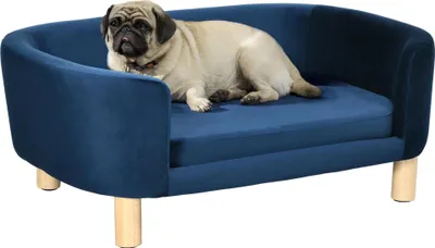 Image de Canapé pour chien - Lit surélevé pour chien - Pour petits chiens - Pieds en bois - Coussin amovible - Housse lavable - Résistance jusqu'à 10 kg - Dimensions 86x55x33 cm - Bleu