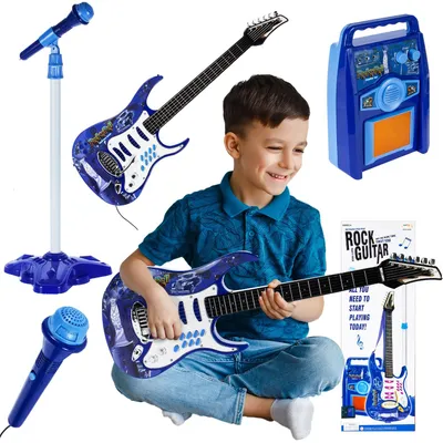 Produktbild von Malplay Große Gitarre für Kinder Musikspielzeug mit Mikrofon Verstärker Ständer Blau