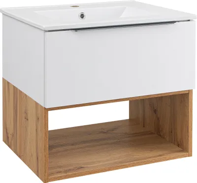 Produktbild von Waschtisch 60 cm inkl. Waschbecken Hochglanz weiß mit Eiche NERVI-147