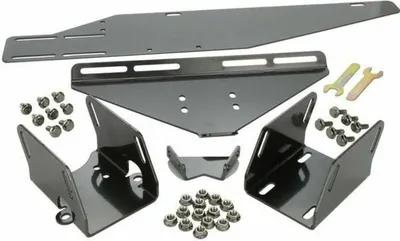 A set of black metal mounting brackets and hardware for a racing simulator.