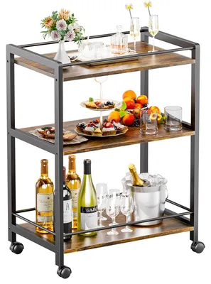 Image de Chariot de service avec 3 étagères, de couleur marron et noir rustique, équipé de roulettes, idéal pour le salon et la cuisine