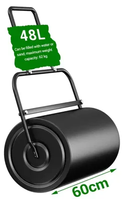 Image de Rouleau manuelle pour jardin - Capacité de 48 litres, remplissable avec de l'eau ou du sable - Tambour en métal de 32x60 cm - avec bouchon de vidange et racloir à saletés