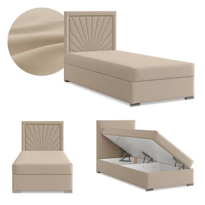 Produktbild von Boxspringbett mit Bettkasten, Einzelbett 90x200, Polsterbett mit Kopfteil, mit Bonell Matratze, Jugendbett, Kinderbett, Geflecht, VICENZA Beige