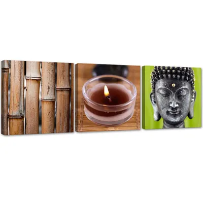 Produktbild von Set mit gemälden auf leinwand bambuskerze und buddha 90x30 cm Feeby braun wandbild bereit zum aufhängen