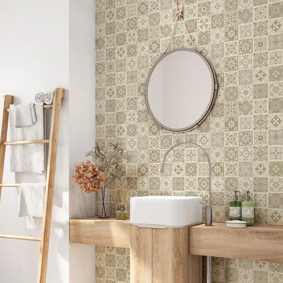Image de Crédence adhésive sticker pour salle de bain - Lumaléa - Motif carreaux de ciment - Adhésif + Protection BRILLANTE - 65x65 cm