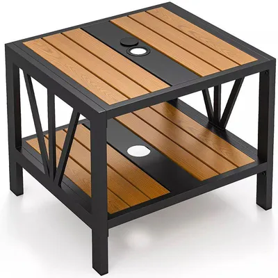 Zdjęcie produktu dla Stolik zewnętrzny z otworem na parasol i półką do przechowywania. Wymiary: 52 × 46 × 46 cm. Kolor: czarny/brązowy