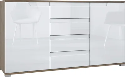 Produktbild von Vladon Sideboard Sylt V1, Kommode mit 2 Türen und 4 Schubladen, Korpus - Eiche Evoke / Front - Weiß Hochglanz / Absetzung - Weiß Hochglanz (138,5 x 75,5 x 35 cm)