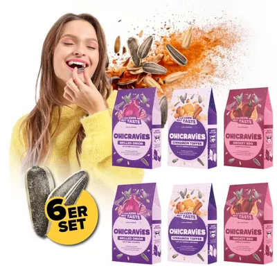 Produktbild von OH!CRAVIES Geröstete, ungeschälte Sonnenblumenkerne mit Geschmack, CRAVIES Try-Me-Set 6x60g | 2x Grilled Onion, 2x Cinnamon Toffee, 2x Smokey BBQ