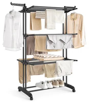 Image de SONGMICS, étendoir à linge, 4 niveaux, ailes pliables, avec roulettes – Noir, séchoir sur pied