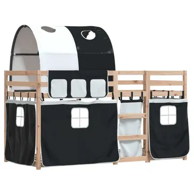 Produktbild von Design Etagenbett mit Vorhängen Weiß & Schwarz 80x200 cm Kiefernholz, Klassische Betten 2024 Neu