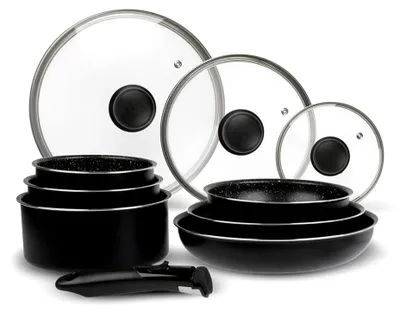 Produktbild von Kochgeschirr aus Aluminium, 10-teilig: 3 Pfannen Ø 20, 24, 28 cm + 3 Töpfe Ø 16, 18, 20 cm + 3 Glasdeckel Ø 16, 20, 24 cm + abnehmbarer Griff, geeignet für alle Herdarten, auch Induktion