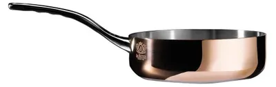 A single copper sauteuse pan with a black handle on a white background.