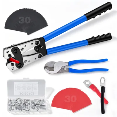 Produktbild von Crimp Set für Batteriekabel - Kabelschuh Crimpzange mit Kabelschneider - Für 6–50mm² AWG 10–1/0 - SC Ringkabelschuhe und Schrumpfschlauch