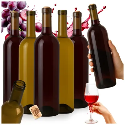 Zdjęcie produktu dla SuperButelki - 15x Butelka szklana Bordeaux 750 ml z korkiem aglomerowanym, oliwkowe szkło, klasyczna na wino, nalewki, cydr, flaszka 0,75l oliwkowa