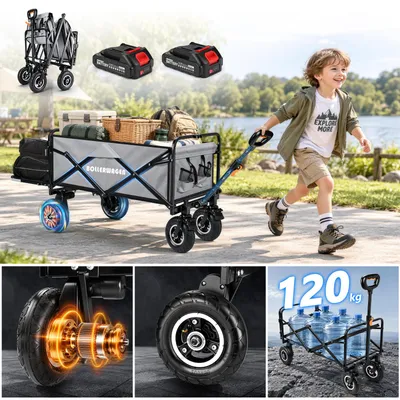Zdjęcie produktu dla Elektryczny wózek transportowy z oponami pneumatycznymi, idealny na kemping | Akumulator 2×2,0Ah i silnik 50W | Pojemność 240L, udźwig 120KG | Kompatybilny z akumulatorami Makita | Składany wózek do transportu na kempingu i na zakupy