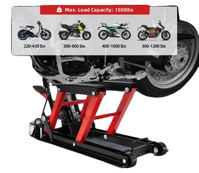 Immagine prodotto di Sollevatore idraulico per motociclette, capacità di carico 680 kg, altezza regolabile, corsa di sollevamento da 115 a 365 mm, struttura in ferro, lunghezza del manubrio 57,5 cm