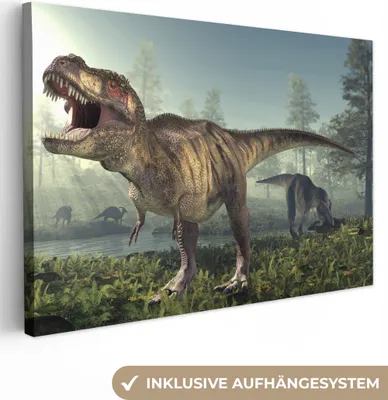 Produktbild von MuchoWow® - Leinwandbilder - Dino - Gras - Zeichnung - Kinder - Jungen, Wandbild, Wanddeko Bilder Wohnzimmer, 90x60cm