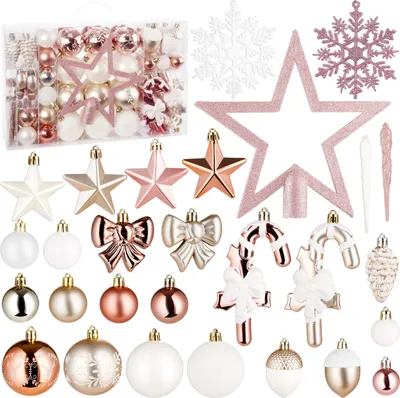 A collection of rose gold and white Christmas ornaments arranged on a white background.