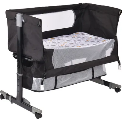 Produktbild von Beistellbett Babywiege mit Matratze Moskitonetz und Rädern 4-stufig Höhenverstellbares Babybett Schwarz