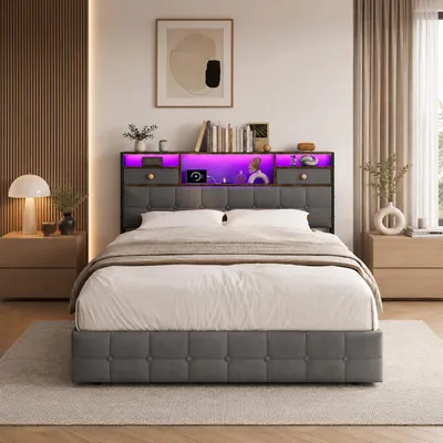 Obrázek produktu pro Postel INONEFT, čalouněná, rozměr 160x200 cm, s LED osvětlením a USB porty, manželská postel s čelem s 2 zásuvkami a otevřenými policemi, mládežnická postel s hydraulickým úložným prostorem, barva šedá, Obrázek vytvořený pomocí AI