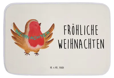 Produktbild von Mr. & Mrs. Panda Badezimmerteppich Rotkehlchen Weihnachten - Weiß - Geschenk, Duschvorleger, duschmatte, Winter, Heiligabend, Frohe, Vogel, Badteppich, Weihnachtsgruß