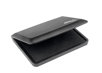 A black ink pad with its lid slightly open, shown on a white background.