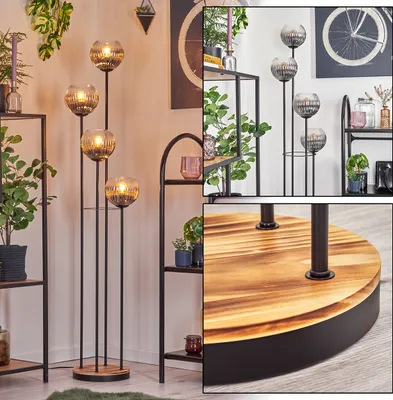 Produktbild von Fossobiubo Stehlampe aus Metall/Holz/Riffelglas in Schwarz/Natur/Rauch/Klar