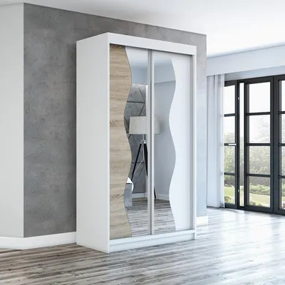 Produktbild von Schwebetürenschrank, 2-türig Schrank RIMA 120 cm (mit Spiegel) (Weiß / sonoma / weiß)