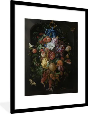 Produktbild von MuchoWow® Gerahmtes Poster Früchte und Blumen - Gemälde von Jan Davidsz. de Heem 60x80 cm - Poster mit Schwarzem Bilderrahmen Wandposter Rahmen Foto Bilder - Wohnzimmer - Dekorationen - Prämie