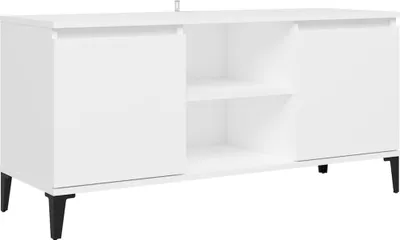 A white TV cabinet with black metal legs is shown against a white background.